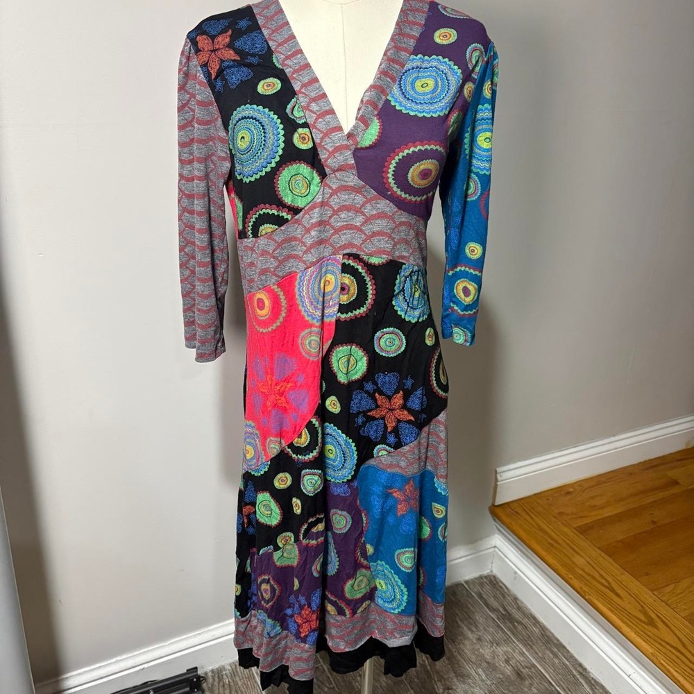 Vtg Pyramid Collection Boho 3/4 Sleeve Multicolor V-neck Dress sz S